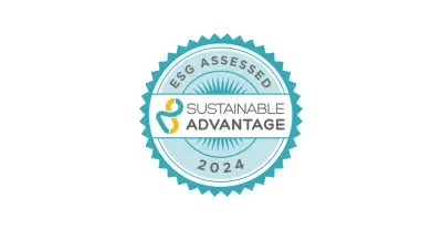 A blue circular logo showcasing our ESG Assessed status and emphasising our commitment to embedding ESG across the OneTouch Health Group.